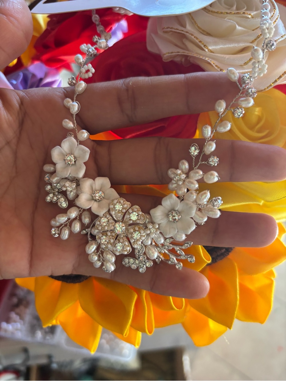 Ivory Floral Pearl & Crystal Statement Necklace